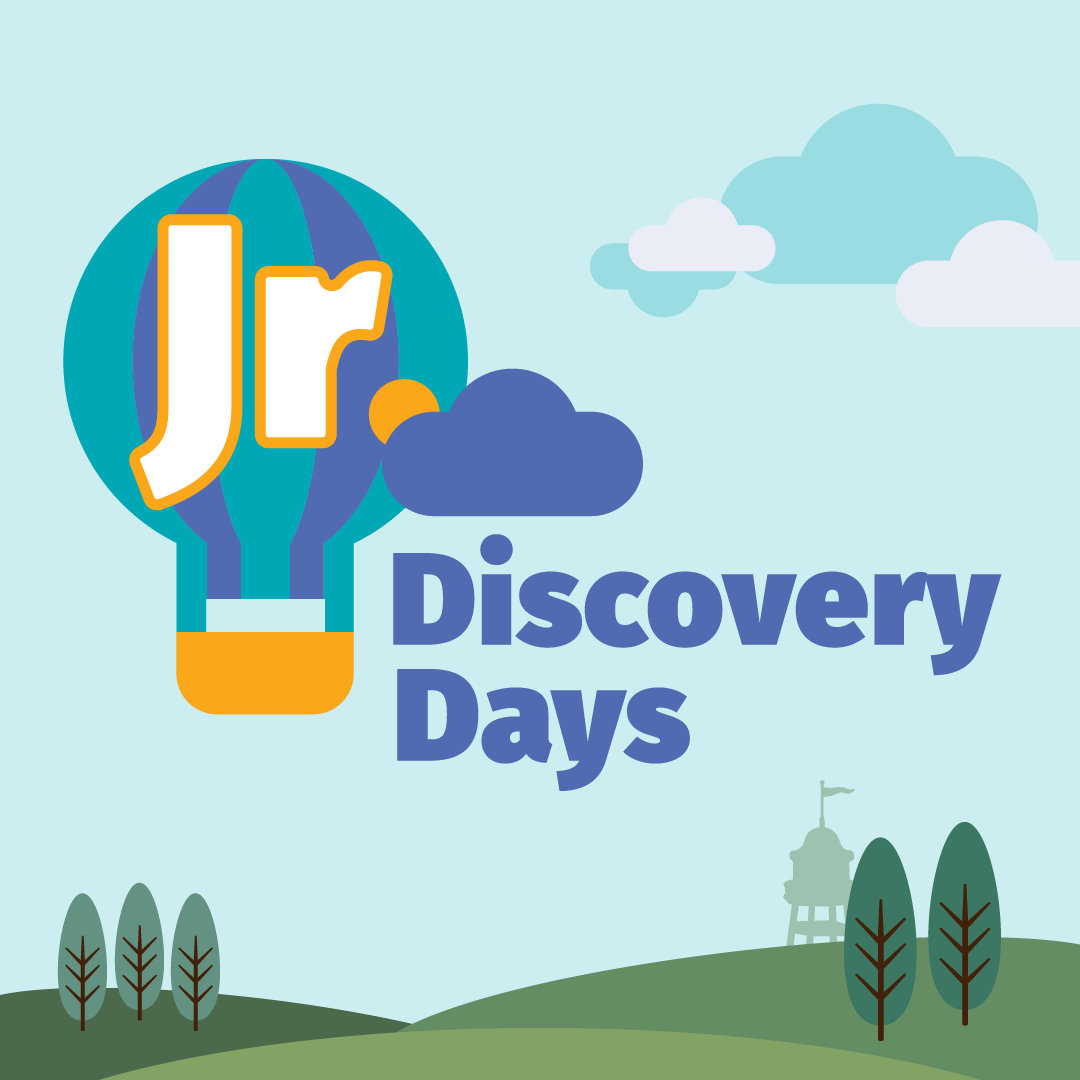 an illustrated hot air balloon with words Jr. Discovery Days