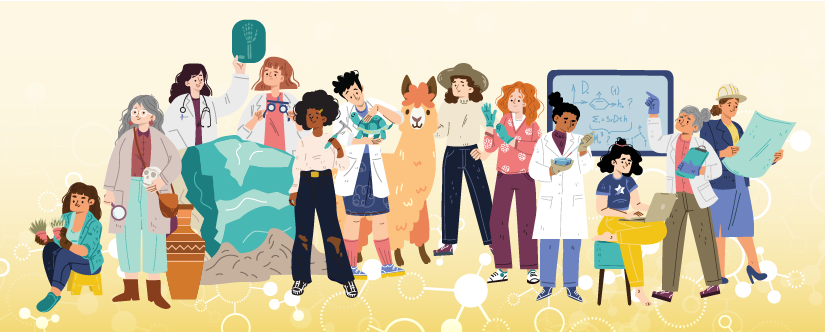 illustrated women in stem careers, doctors, vets, architects 