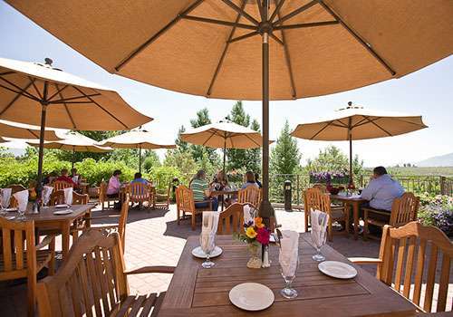 Patio seating with umbrellas