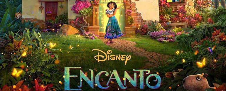 Title Encano - main Character Mirabel in blue and green skirt and white shirt stands in front of her house