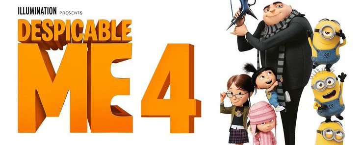 Despicable Me 4 movie poster, Gru and 3 yellow minions standing on top of each other