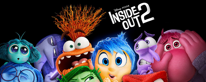 Inside Out 2 poster - joy is squished in middle with bright blue hair, next to purple fear and orange anxiety