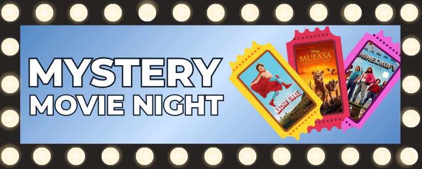 mystery movie night with 3 movie posters 
