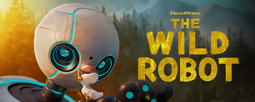 poster for the wild robot - white with turquoise accents robot holds small duckling