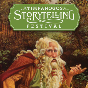 Green banner says Timpanogos Storytelling Festival above an illustration of an old wizard with a red cap, long white hair that's braided and ponytailed