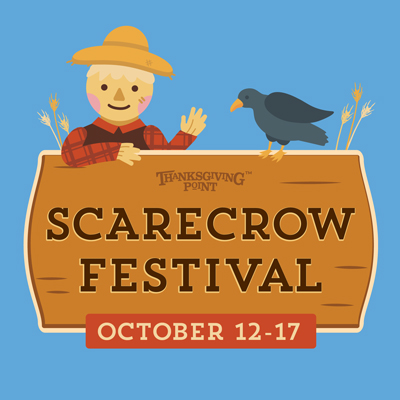 illustrated scarecrow and crow above sign Scarecrow Festival Thanksgiving Point October