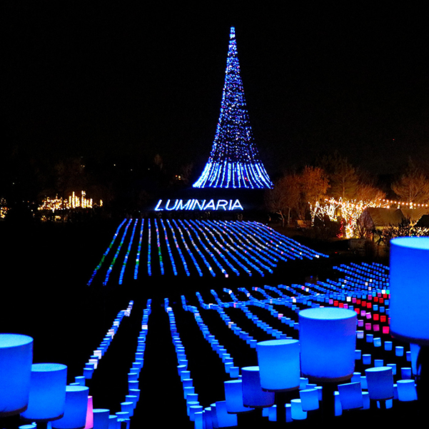 Long lines of lit luminaries with a colorful pattern leading to a pole strung with lights to look like a tree