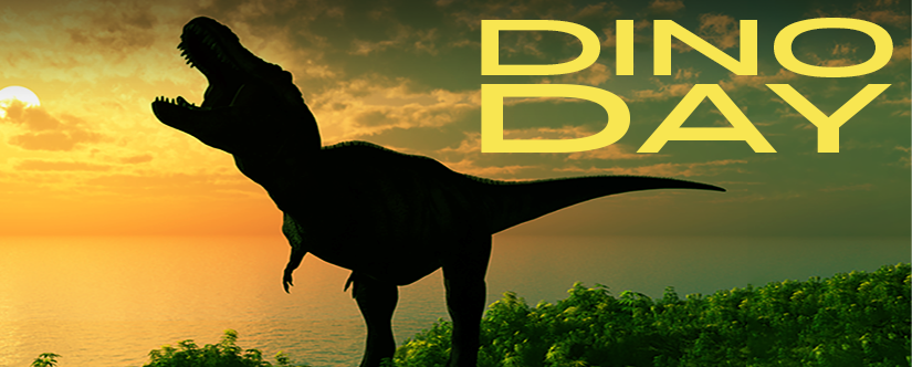 silhouette of t-rex next to setting sun and words 'Dino Day'