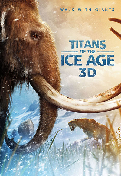 movie poster with wooly mammoth over snow background