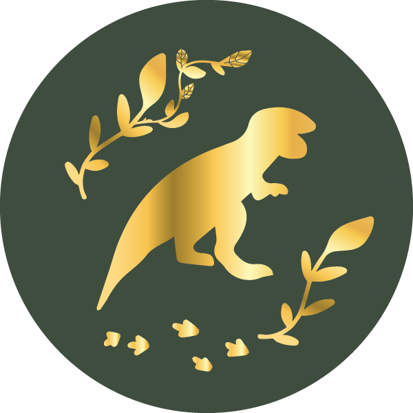 green circle with golden t-rex in the middle
