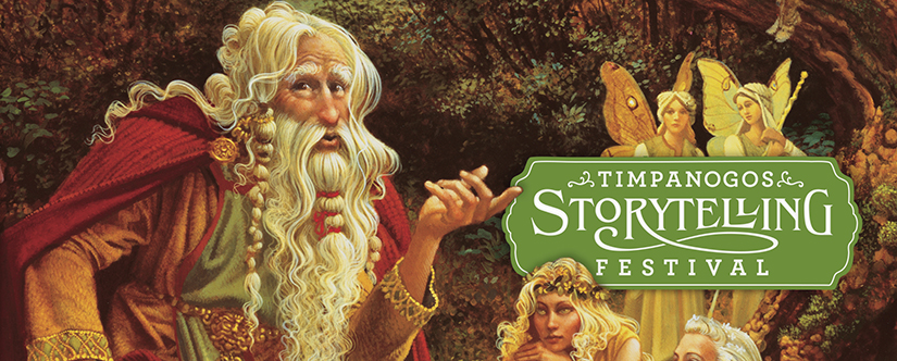 painting of old man with white beard, next to green sign for Timpanogos Storytelling Festival
