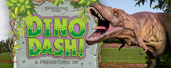 3d dinosaur roaring next to illustrated cement sign with