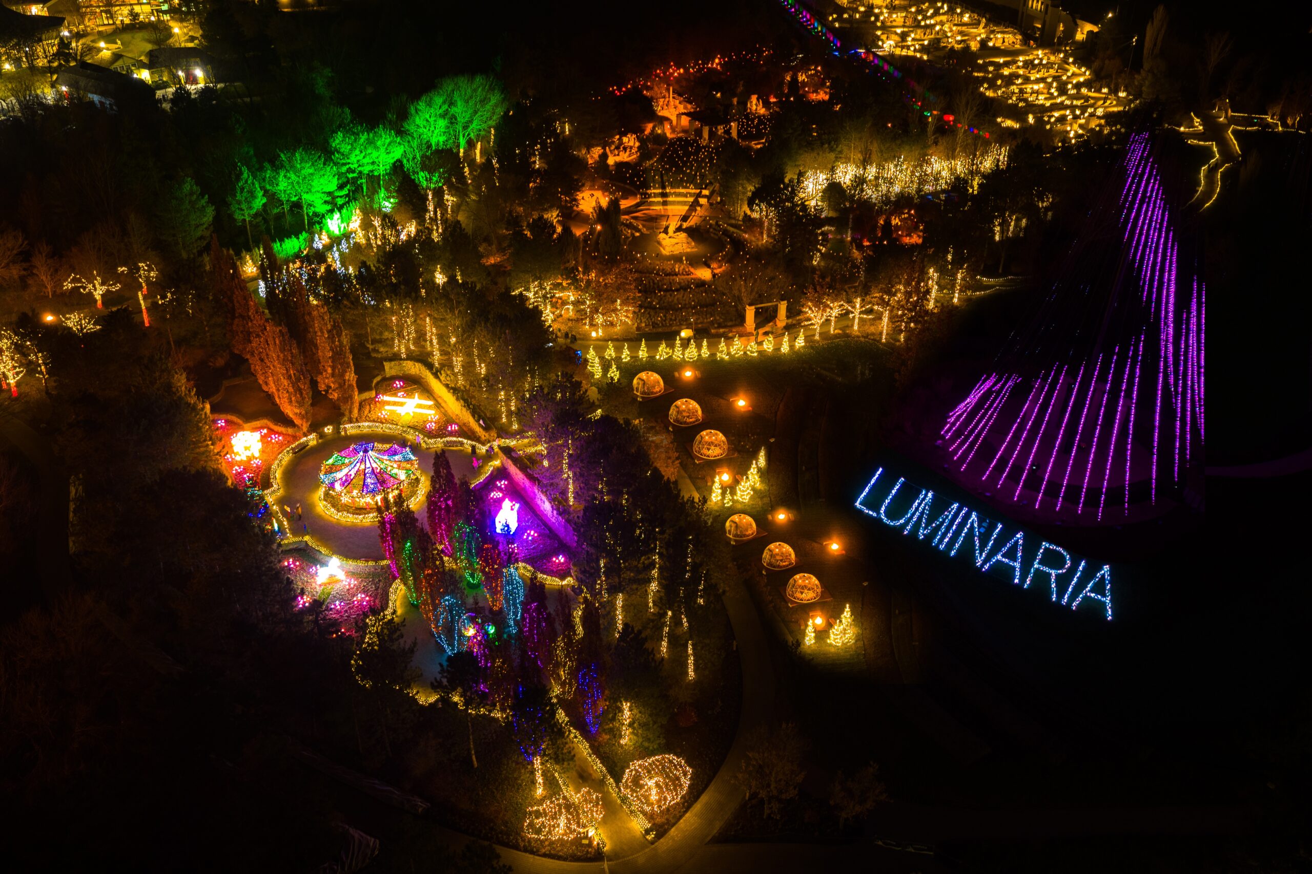 Aerial view of Luminaria glowing at night