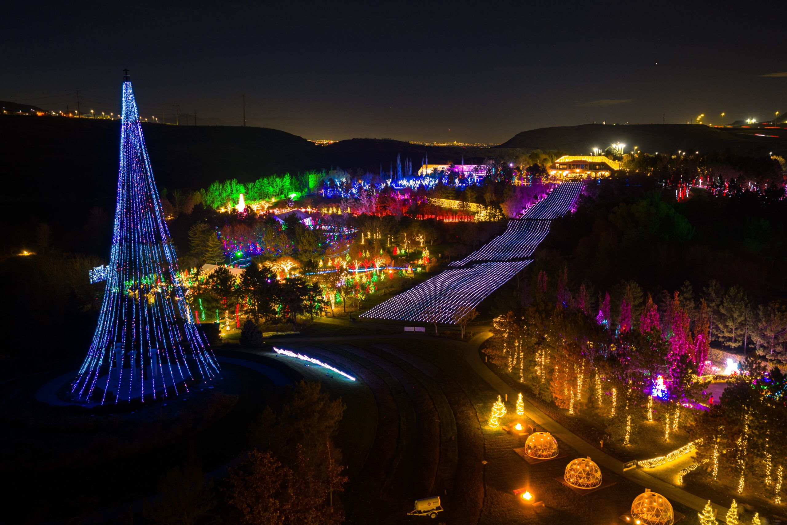 Luminaria glowing across Ashton Gardens at night