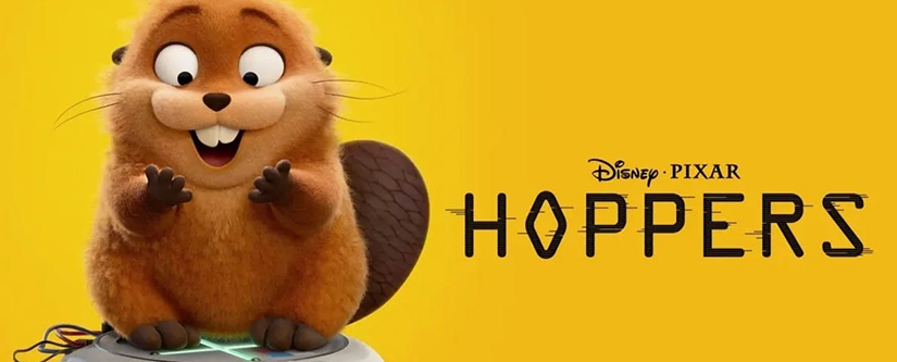 Disney Pixar Hoppers animated beaver smiling down at portal standing on