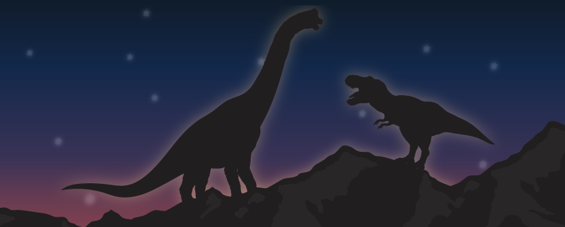 illustrated dinosaurs lit by sunset