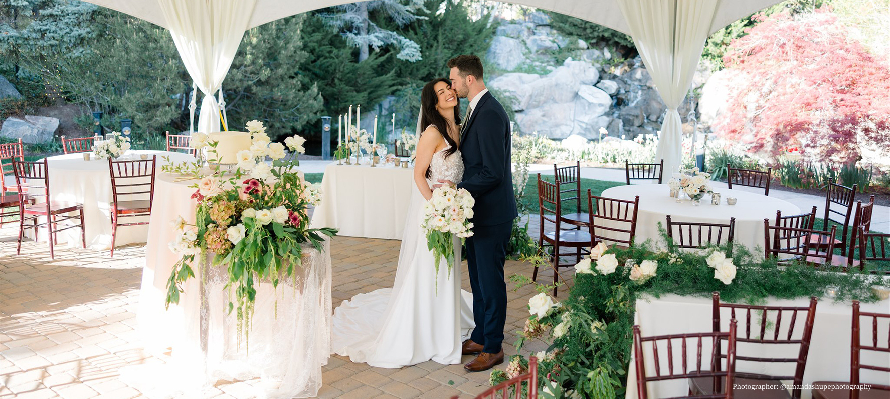 bride and groom under tent surrounded by tables outdoor thanksgiving point