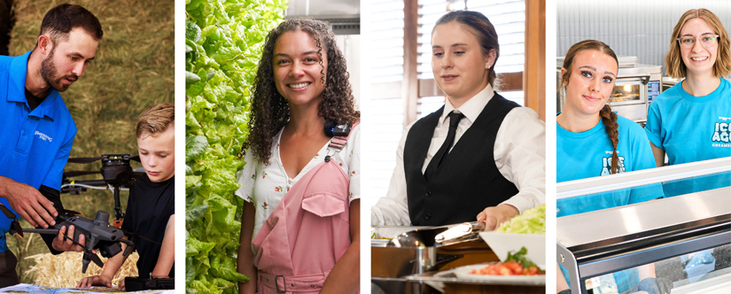 smiling employees at farm, catering or in front of ice cream