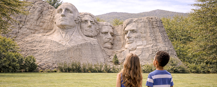 kids looking at mount rushmore statue