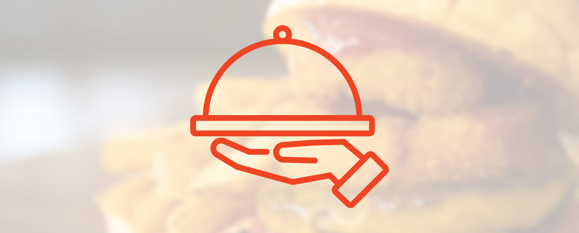 illustration of hand holding platter overlaid over photo from Thanksgiving Point tower deli burger