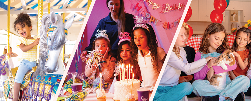 3 photos with girls at birthday party on carousel, blowing out candles on cake, holding a bunny